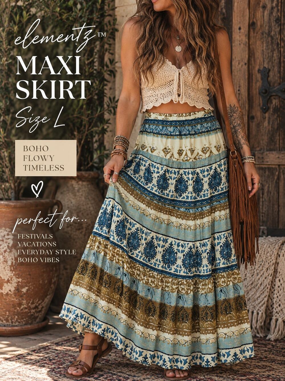 Elementz Maxi Skirt Large Blue Brown Paisley Boho Tiered Peasant Y2K Gypsy Fest